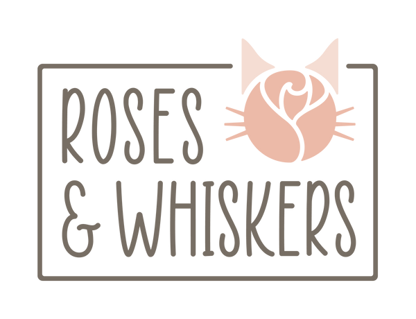 text reads "roses and whiskers" featuring a custom image of a rose with cat ears and whiskers