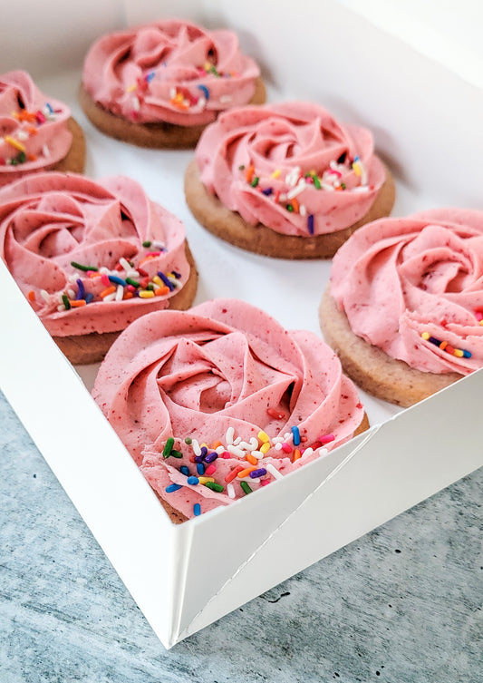strawberry sugar cookies in a box, available for local pick up around Charlotte, NC; gluten free cookies