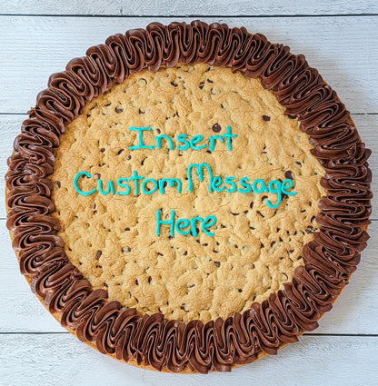 Cookie Cake with frosted border and a frosting message in the middle: "Insert Custom Message Here"